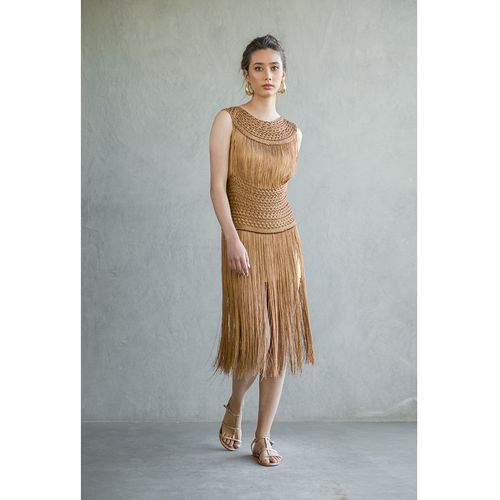 Vestido em tricot com aplicação de franjas na barra handmade helia